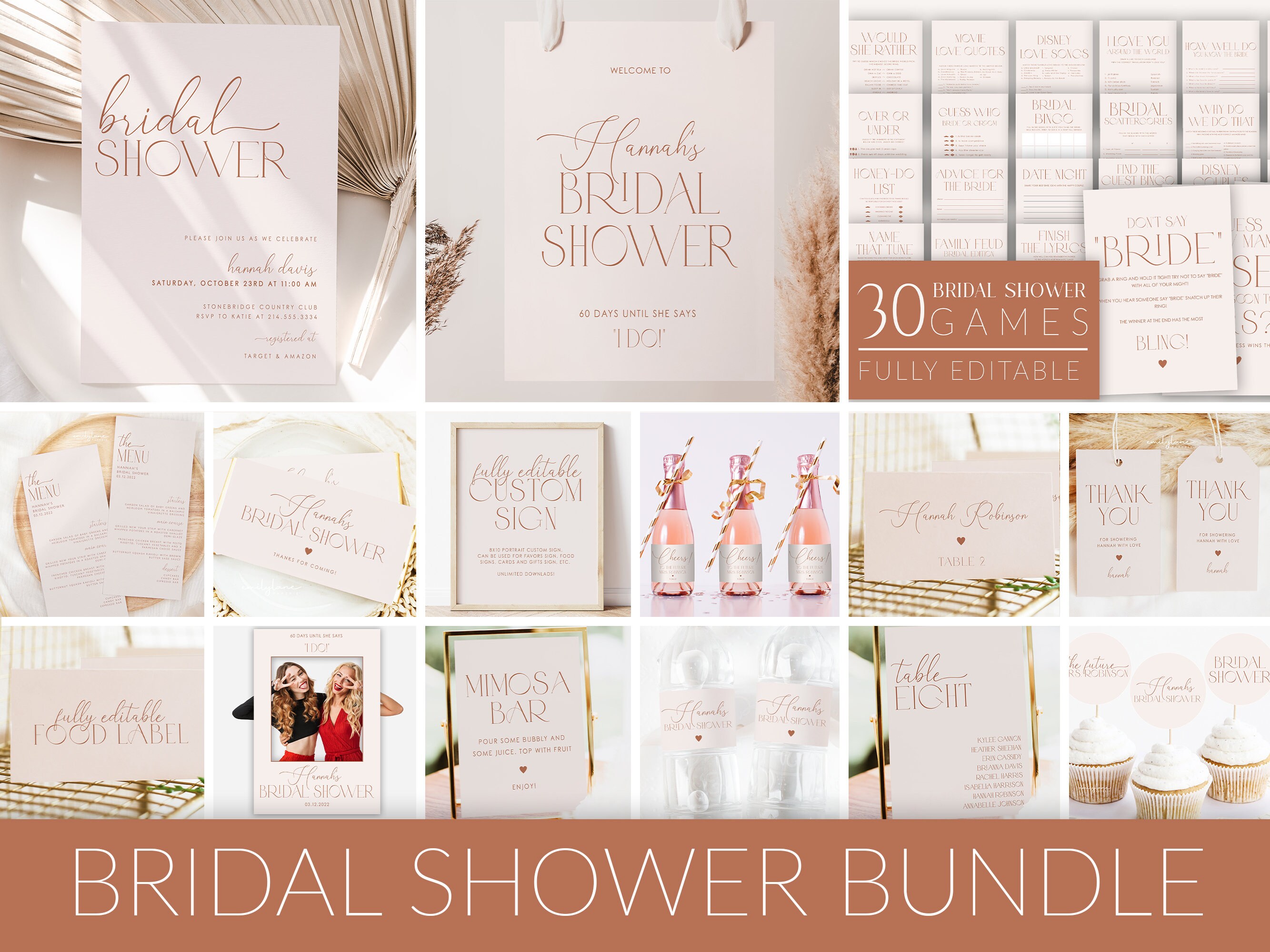 Boho Minimal Bridal Shower Invitation Bundle Template Minimal Bridal Shower Invite Boho Bridal Shower Editable Bridal Shower