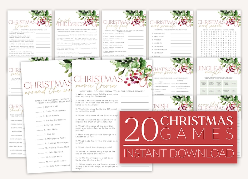 May include: Twenty Christmas games printable pack with a red background and gold text. The games include Christmas movie trivia, word searches, word scrambles, and more.