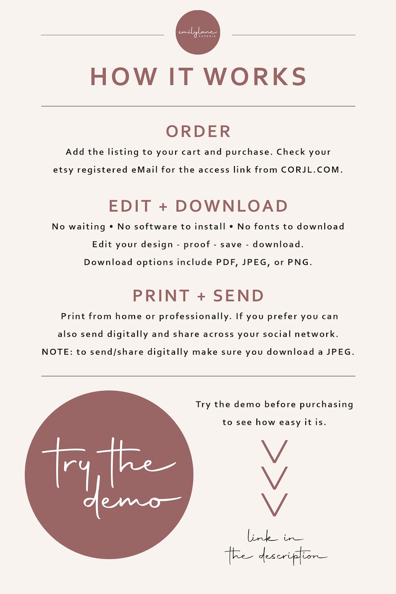 May include: How to order, edit, download, print, and send a digital design.  The text says "Try the demo before purchasing to see how easy it is."  A pink circle with the text "try the demo" is in the lower left corner.  A pink circle with the text "emilylane paperie" is in the upper right corner.