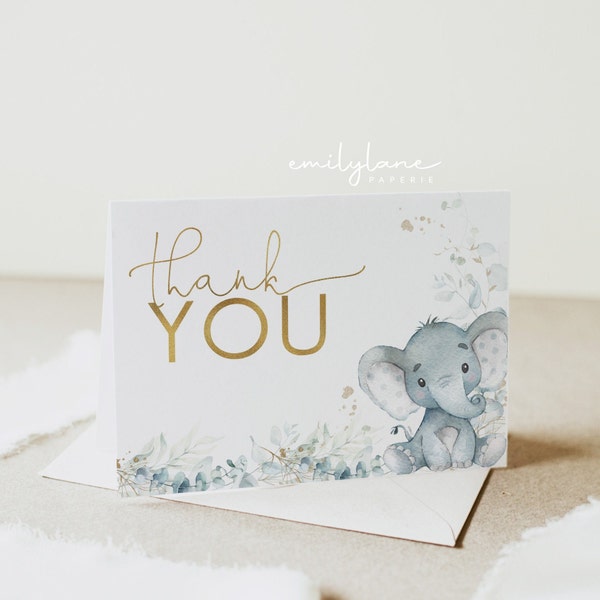 Elephant Thank You Card, Baby Shower Thank you Card, Elephant Baby Shower, Boy Baby Shower, Blue Baby Shower, Elephant, Thank You, E2