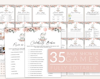 May include: A set of 35 printable baby shower games featuring a pink and gray elephant design with floral accents. The games include "What's in Your Phone?", "Price is Right", "Celebrity Babies", "Baby Animal Bingo", "Draw a Baby", "Baby Bucket List", "Who's That Guest", "Baby Trivia", "Find the Baby", "Baby Name Bingo", and "Baby Items".