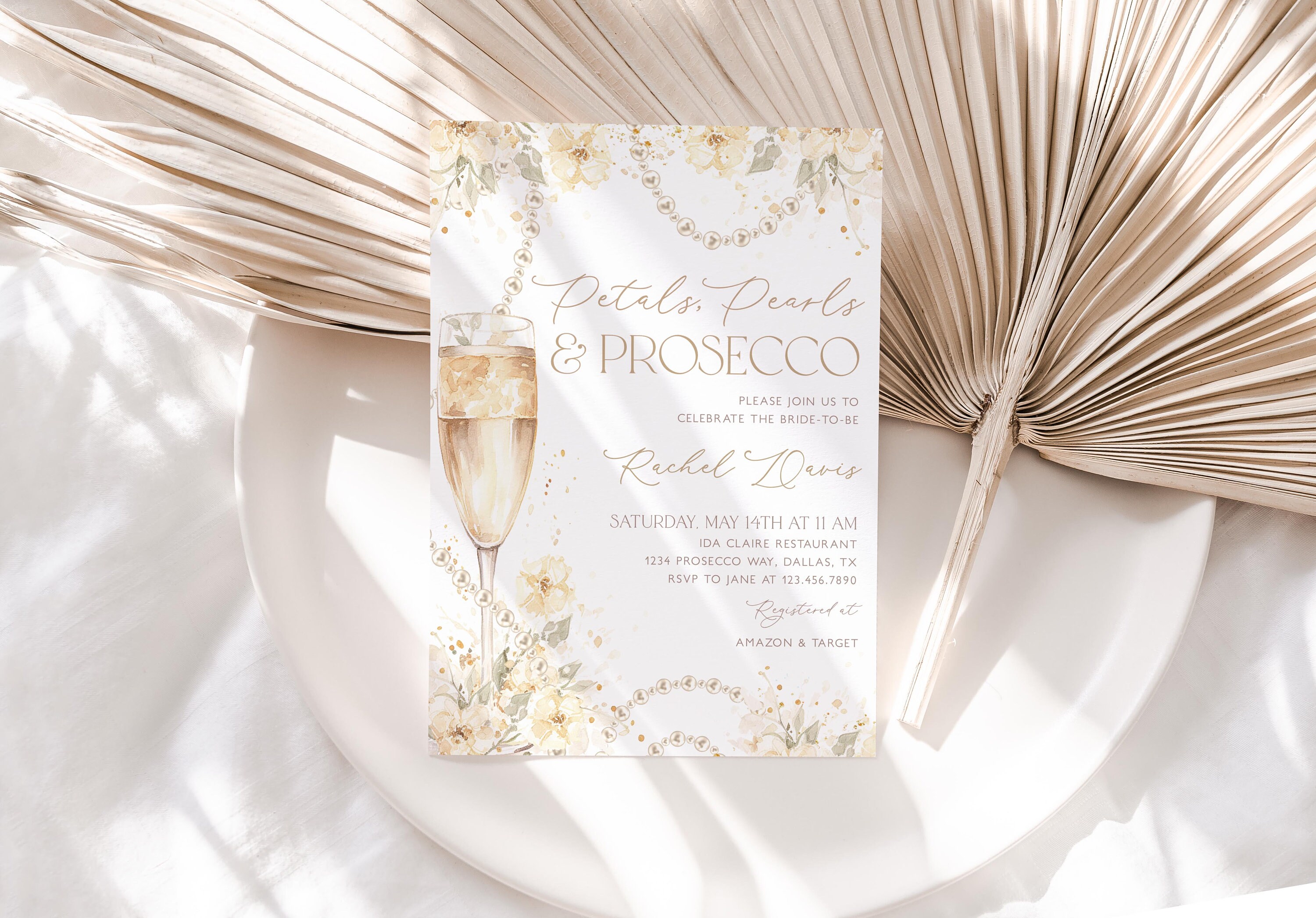 petals and prosecco bridal shower dress Pearls Invitation, Gold Floral Prosecco Bridal Shower Invitation, Editable Bridal Shower Template, BS58 Long Kleinfeld Bridesmaid Convertible-Bodice womens-gown On card Style:EE01981BK