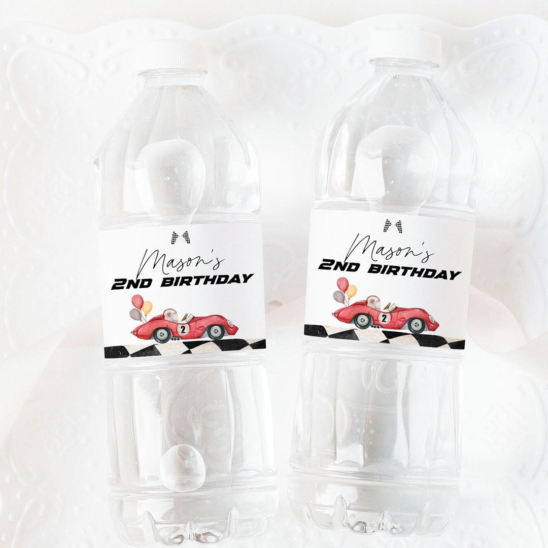 Red Race Car Water Bottle Label, Two Fast Birthday Water Label ...