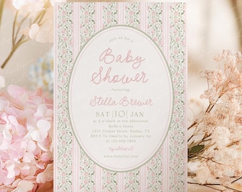 Baby Shower Invitation Template, Pink Floral Invite, Vintage, Girl Baby Shower (Canva Editable)