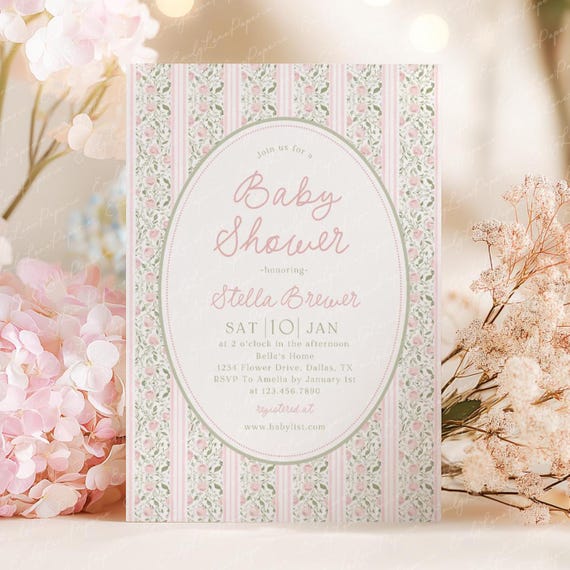 Baby Shower Invitation Template, Pink Floral Invite, Vintage, Girl Baby Shower (Canva Editable)