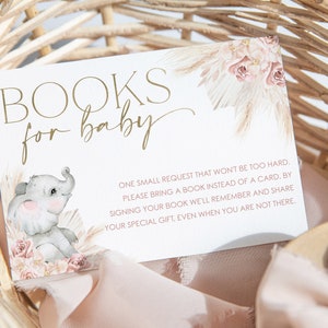 Livres pour carte de bébé, livres éléphant pour carte de bébé, livres roses bohème pour carte de bébé, herbe de la pampa, baby shower bohème fille, BBS55