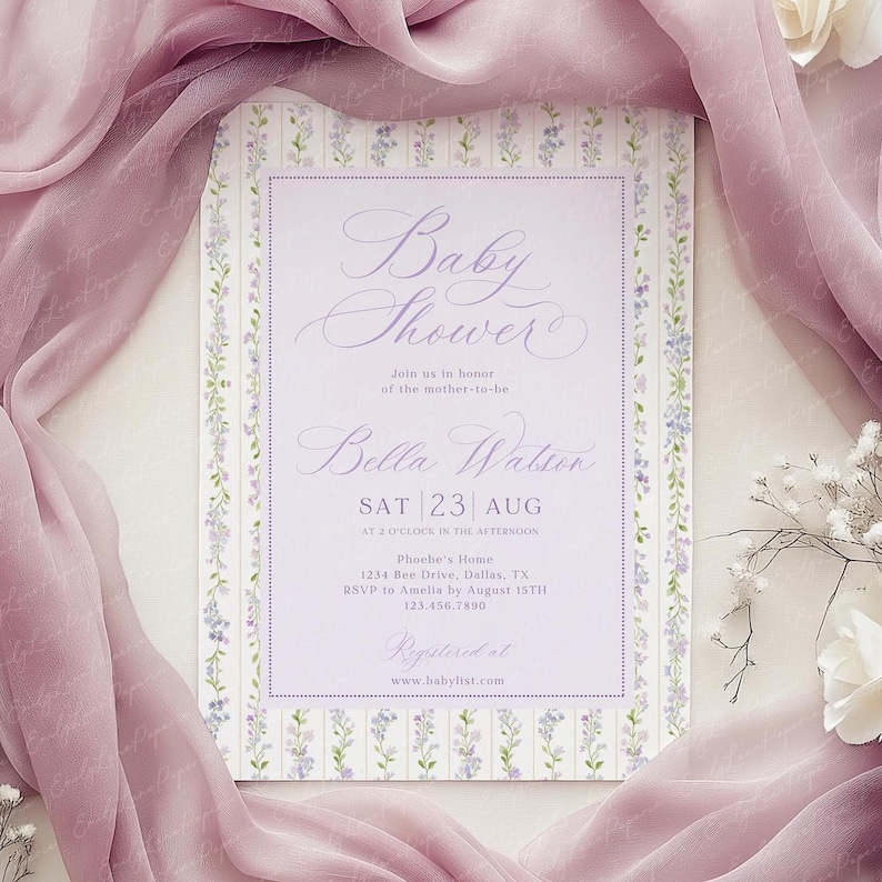 Baby Shower Invitation Template, Lavender Purple Floral Invite, Gender Neutral Baby Shower (Canva Editable) image 2