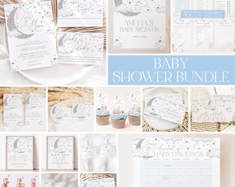 Over the Moon Baby Shower Invitation Bundle, Blue Silver Baby Shower Moon Stars Invitation Editable Games, Boy Baby Shower Decor Blue, BBS73