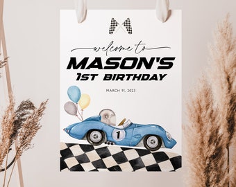 Panneau de bienvenue pour un anniversaire rapide, 1er anniversaire de bienvenue, panneau d'anniversaire voiture de course bleu, panneau pour un anniversaire rapide, panneau de bienvenue modifiable, BD44