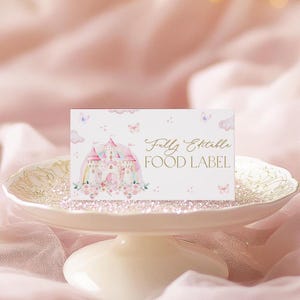 Etiquetas de comida de princesa, tarjetas de comida plegables con forma de castillo de princesa, tarjetas de comida plegables con forma de castillo de princesa, primer cumpleaños de niña princesa, BD135