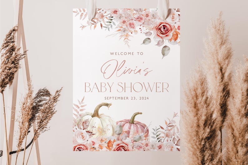 Pumpkin Baby Shower Welcome Sign, Floral Pumpkin Baby Welcome Sign, Girl Baby Shower, Pink Floral Pumpkin, Printable Welcome Sign, BBS106 image 10