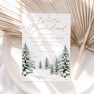 Winter Onederland 1st Birthday Invitation, Snow Woodland 1st Birthday Invite, Winter Onederland, Printable 1st Birthday Invitation, BD58