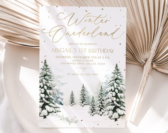 Winter Onederland 1st Birthday Invitation, Snow Woodland 1st Birthday Invite, Winter Onederland, Printable 1st Birthday Invitation, BD58