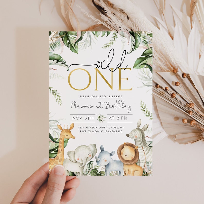 Wild One 1st Birthday Invitation, Wild One Birthday Invitation, Safari Wild One Party Invite, Boy Birthday, Safari Animals Invitation, BD08 image 2