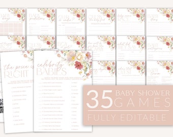 Baby Shower Games Girl, Floral Baby Shower Editable Games, Printable Games, Baby Games Pack, Muted Pink Baby Girl, Girl Baby Shower, BBS29