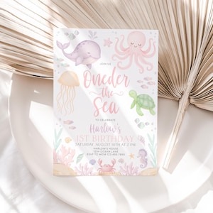 Oneder the Sea Birthday Invitation, Under the Sea Editable Template, 1st Birthday Invite, Ocean Animals Girls Oneder the Sea Invite, BD153 bild 4