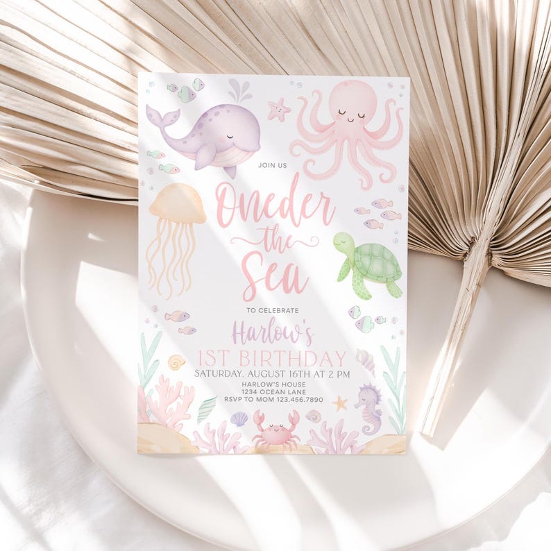 Oneder the Sea Birthday Invitation, Under the Sea Editable Template, 1st Birthday Invite, Ocean Animals Girls Oneder the Sea Invite, BD153 bild 4