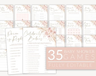 Pink Boho Baby Shower Games, Boho Floral Baby Shower Editable Games, Printable Games, Pink Baby Games Pack, Girl Boho Baby Shower, BBS39