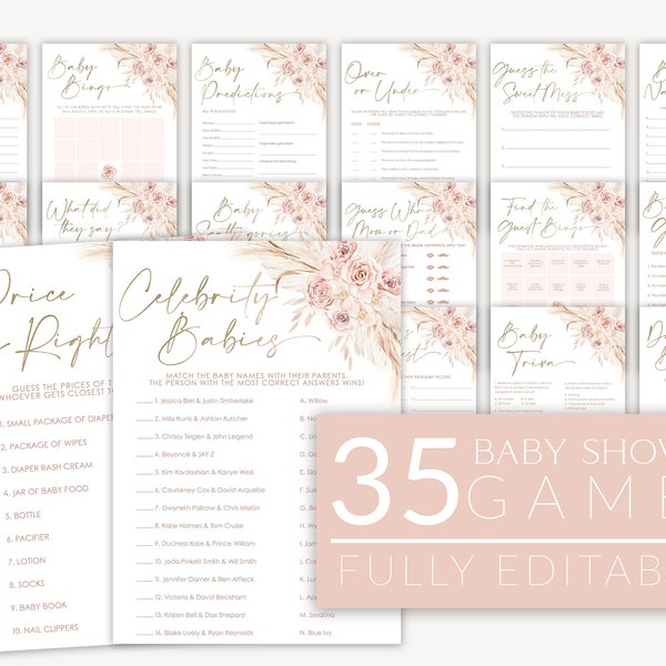 Pink Boho Baby Shower Games, Boho Floral Baby Shower Editable Games, Printable Games, Pink Baby Games Pack, Girl Boho Baby Shower, BBS39