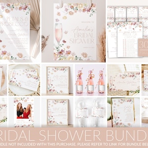 May include: A printable bridal shower bundle with a floral theme. The bundle includes invitations, games, signs, and decorations. The design features pink, peach, and white flowers with gold accents.