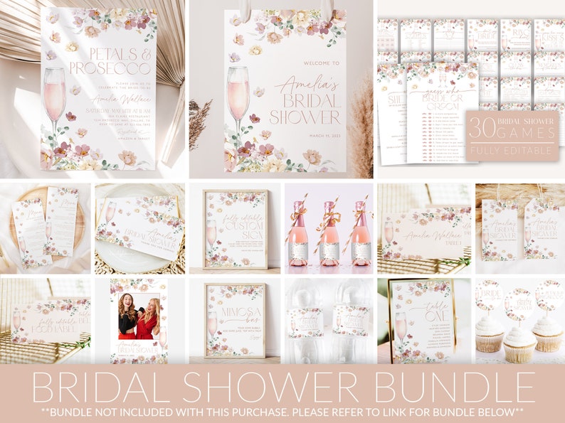May include: A printable bridal shower bundle with a floral theme. The bundle includes invitations, games, signs, and decorations. The design features pink, peach, and white flowers with gold accents.