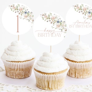 Pastel Wildflower Cupcake Topper, Birthday Cupcake Topper, Wildflower Girl 1st Birthday Cupcake Topper, Wildflower Birthday, Editable, BD13