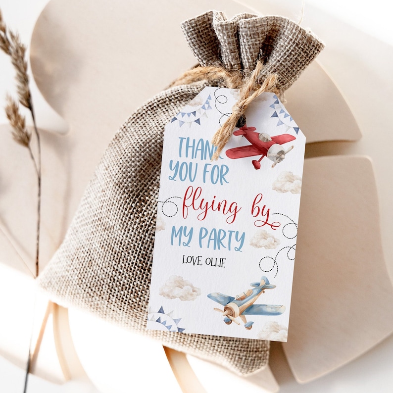 Flying Tag Text Airplane Birthday Favor Tag, Time Flies 1st Birthday Thank You Tag ...