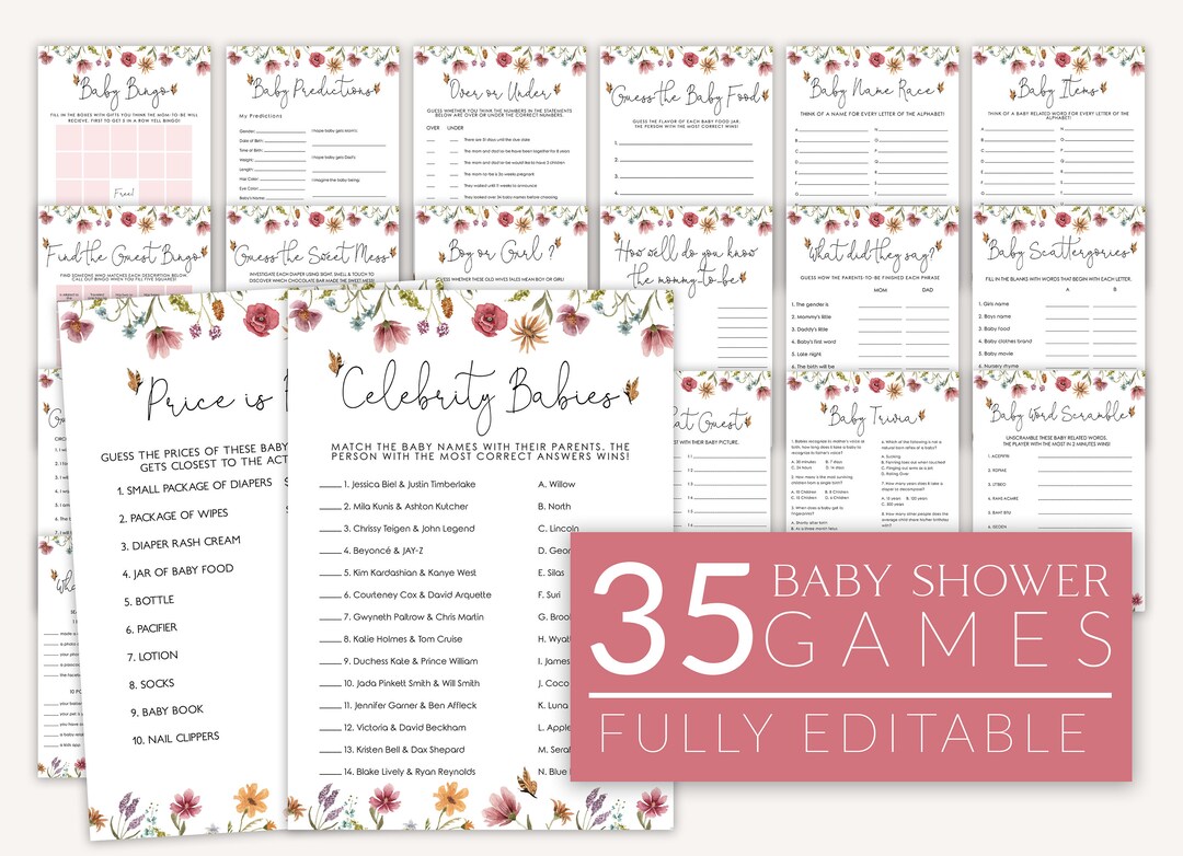 Wildflower Baby Shower Games Girl, Baby Shower Editable Games