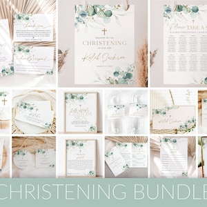 Greenery Christening Invitation Bundle, Baptism Invitation Bundle, Eucalyptus and Gold Christening, Editable Bundle, Boy Baptism Decor, BT2