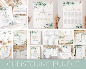 Greenery Christening Invitation Bundle, Baptism Invitation Bundle, Eucalyptus and Gold Christening, Editable Bundle, Boy Baptism Decor, BT2