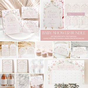 May include: A printable baby shower bundle with a floral theme. The bundle includes invitations, food labels, cupcake toppers, a diaper raffle sign, a guess the arrival calendar, and more. The design features a pink and green floral arch with butterflies.