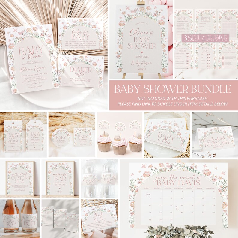 May include: A printable baby shower bundle with a floral theme. The bundle includes invitations, food labels, cupcake toppers, a diaper raffle sign, a guess the arrival calendar, and more. The design features a pink and green floral arch with butterflies.