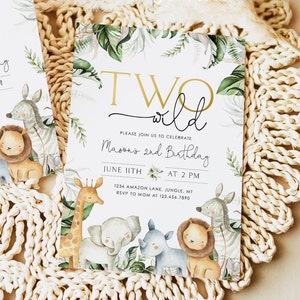 May include: A white invitation with green foliage and animal illustrations. The text reads "Two Wild" and "Mason's 2nd Birthday". The invitation includes the date, time, and location of the party.