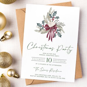 Christmas Party Invitation, Holiday Party Invitation Template, Editable Christmas Invitation, Christmas Holly, Work Holiday Party, CP10 image 3