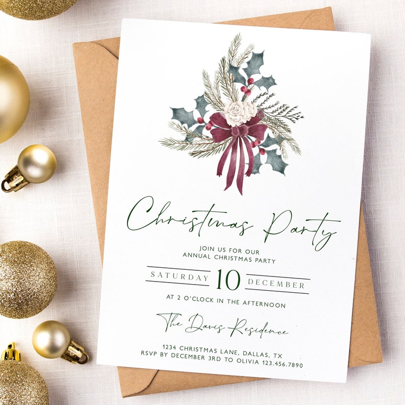 Christmas Party Invitation, Holiday Party Invitation Template, Editable Christmas Invitation, Christmas Holly, Work Holiday Party, CP10 image 3