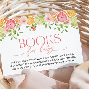 Citrusboeken voor babykaart afdrukbaar, boekaanvraagkaart, citrusbabyshowerboeken, felroze bloemen, citrussinaasappelen en fruit, BBS68