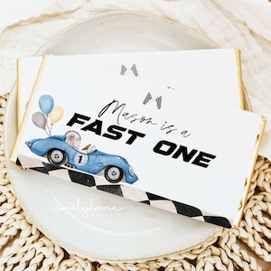 Fast One Chocolate Bar Wrapper, Blue Race Car Candy Bar Wrapper Template, 1st Birthday Candy Bar Wrapper, Birthday Favors, Fast One, BD44