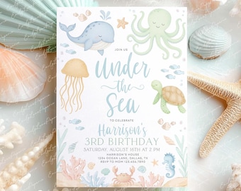 Under the Sea 1st Birthday Invitation: Ocean Animals, Editable Canva Template (5x7" Printable)
