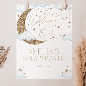 Blue Moon Stars Baby Shower Welcome Sign, Gold Over the Moon Welcome Sign, Boy Baby Shower, Blue Twinkle Twinkle Star Sign, Printable, BBS42