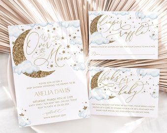 Ensemble d'invitations pour baby shower sur la lune garçon, invitation baby shower étoiles lune bleues, baby shower lune or, baby shower scintillant garçon, BBS42