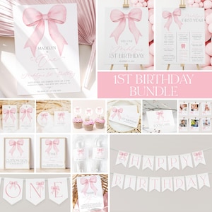 May include: A pink and white first birthday party printable bundle featuring a watercolour bow theme. The bundle includes a welcome sign, a food label, a thank you card, a timeline, a custom sign, cupcake toppers, a banner, and a photo booth backdrop.