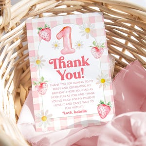 Plantilla de tarjeta de agradecimiento con fresas, tarjeta de agradecimiento de cumpleaños imprimible, tarjeta de agradecimiento editable, tarjeta de agradecimiento de primer cumpleaños con fresas, BD123