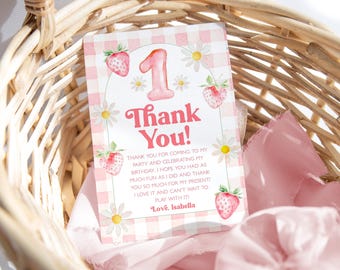 Strawberry Thank You Card Template, Printable Birthday Thank You Card, Editable Thank You Card, Berry First Birthday Thank You Card, BD123