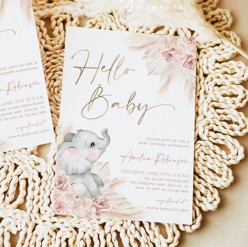 Boho Elephant Baby Shower Invitation Girl Baby Shower Pink Etsy
