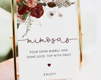 Boho Mimosa Bar Sign, Floral Mimosa Bar Sign, Fall Shower Mimosa Bar Sign, Instant Download, Editable Baby Bridal Shower DIY, BS27