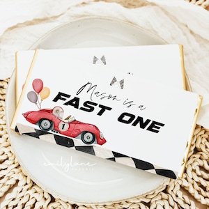Fast One Chocolate Bar Wrapper, Red Race Car Candy Bar Wrapper Template, 1st Birthday Candy Bar Wrapper, Birthday Favors, Fast One, BD39