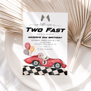 Two Fast 2nd Birthday Invitation Template, Boy 2nd Birthday Race Car Invite, Red Race Car Invite, Printable 2nd Birthday Invitation, BD43
