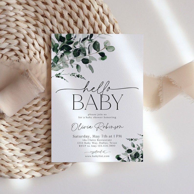 Greenery Baby Shower Invitation, Baby Shower Invite, Botanical Baby Shower Invite, Gender Neutral, Editable Baby Shower Template, BBS34 image 1