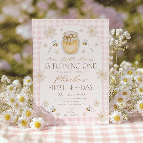 Bee 1st Birthday Invitation Pink, First Bee Day Invite, Little Honey 1st Bee Day, Daisy Bee Invite, 1st Birthday Girl, Pink Gingham, BD148