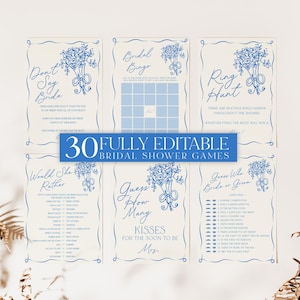 Bridal Shower Games, Fresh off the Market Bridal Shower Editable Games, Printable Games, Blue Bridal Games Pack, Blue Floral Bridal, BS69 画像 1